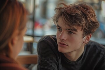 Two young adults in conversation, likely sharing a friendly moment at a cafe. The image captures an urban scene with a modern lifestyle.