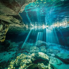 Sticker - A deep blue ocean with sunlight shining through the water