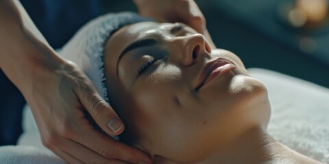 Wall Mural - A person is receiving a facial treatment at a spa. The woman's face is being massaged and cared for with a skincare routine that includes exfoliation, moisturizing lotion, and natural ingredients.