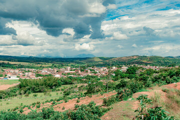 Landscape with cultivated plains and the municipality of Villanueva, Santander, Colombia.