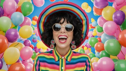 Wall Mural - A woman in a colorful hat surrounded by balloons and smiling, AI