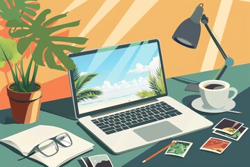 Laptop on a desk with a beach background, coffee cup, plant and photos.