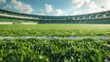© AkuAku - Green grass sports stadium with spectator stands soccer field American football and baseball a closeup sports mockup background with copy space