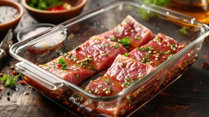 Marinating pork with Chinese seasonings and starch for cooking