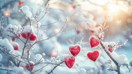 Symbolic winter scene with red hearts signifying love and joy for Valentine s Day