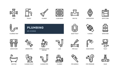 plumbing service pipeline maintenance industry and household outline line icon set