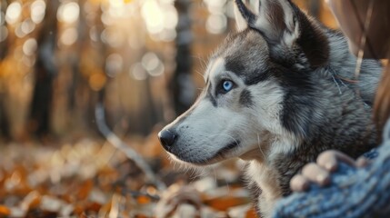 Canvas Print - Siberian Husky with blue eyes and gray coat sitting in forest with copy space Friendly sled dog breed outdoors with owner