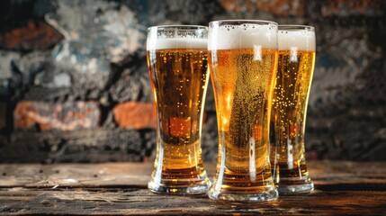 Wall Mural - Beer filled glasses on a rustic backdrop