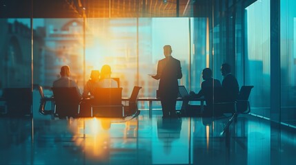 Wall Mural - Business colleagues discussing strategy in a modern office, with one person standing and presenting data on a digital tablet