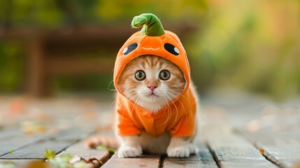 Wall Mural - A cat in an orange Halloween costume is standing on a wooden deck