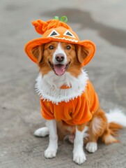 Poster - A dog is wearing an orange Halloween costume and is sitting on the ground