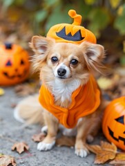 Poster - A small dog wearing a pumpkin hat sits in front of a pile of pumpkins