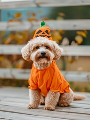 Poster - A small dog is wearing an orange Halloween costume with a pumpkin hat