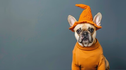 Poster - A dog wearing an orange hat