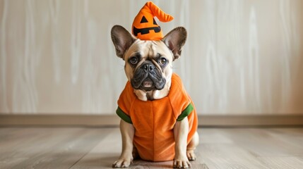 Poster - A dog is wearing a Halloween costume and a pumpkin hat