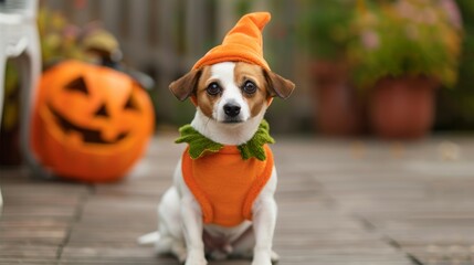 Poster - A dog wearing an orange costume is sitting in front of a pumpkin