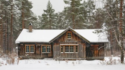 A snowy wooden cabin in a forest. The image is perfect for winter holiday themes, cozy cabin vibes, and nature photography.