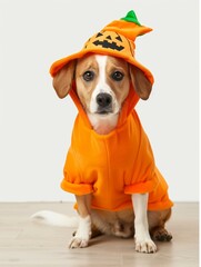 Poster - A dog is wearing a pumpkin hat and sitting on a wooden floor