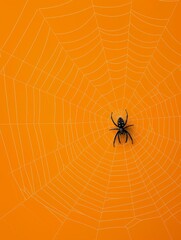A spider is sitting in the center of a web on an orange background
