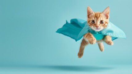 Poster - A cat is wearing a blue cape and flying through the air