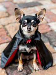 Poster - A small dog is wearing a black cape and a red cape