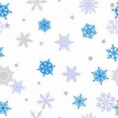 Wall Mural - Christmas seamless pattern of beautiful complex blue snowflakes on white background. Winter illustration with falling snow.