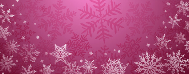 Wall Mural - Christmas background of beautiful complex snowflakes located below, white on dark pink colors. Winter illustration with falling snow.