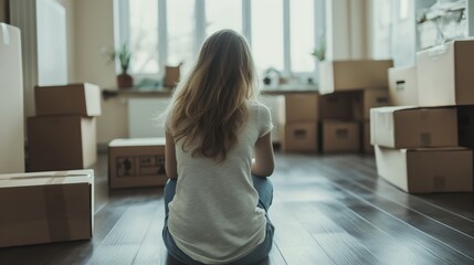 Rear back view young woman sit on floor near heap of cardboard boxes on relocation day. Move-out to rented house, divorced female start new life alone