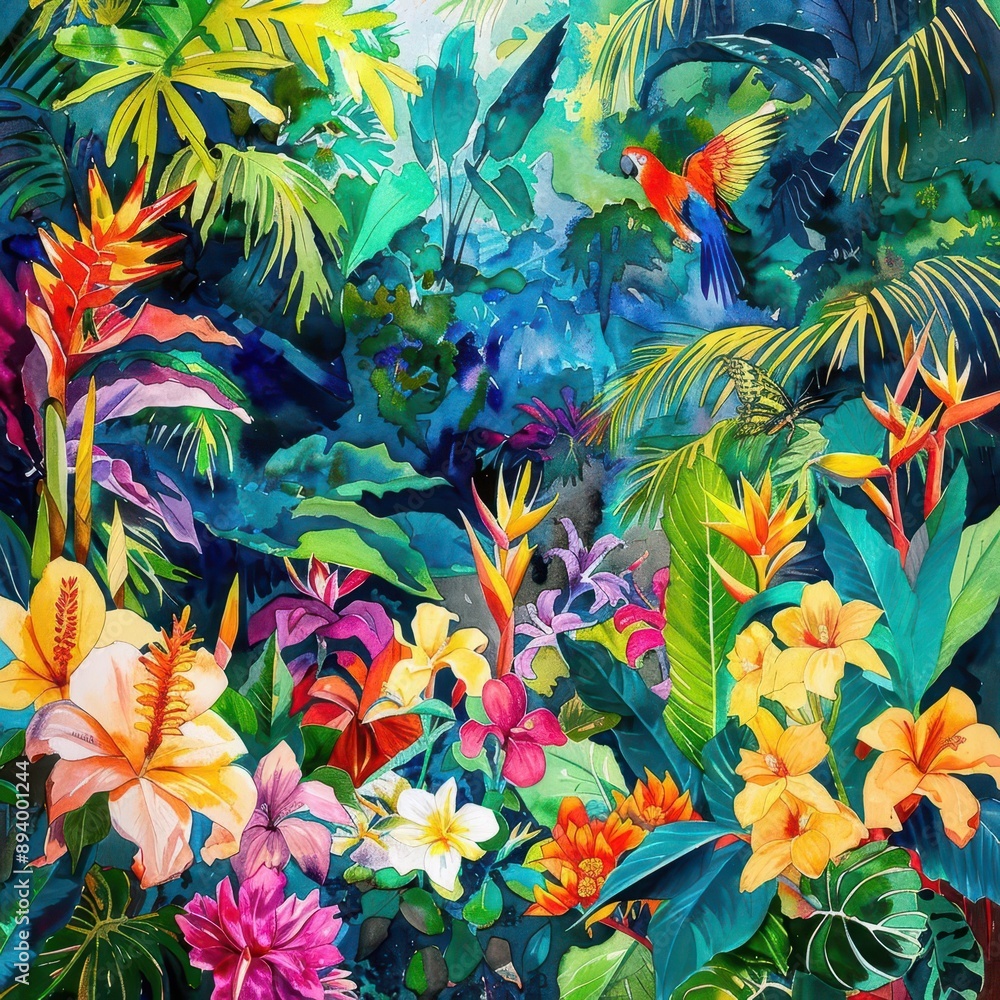 lush tropical rainforest scene with exotic flowers and birds of ...