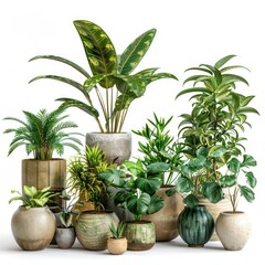 Sticker - lush urban jungle diverse collection of potted plants with variegated leaves ceramic planters in earthy tones isolated on pristine white backdrop