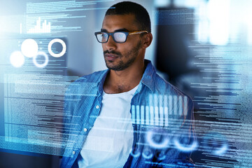 Wall Mural - programmer, overlay and man on screen for coding, website development and programming. cloud researc