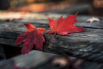 Wall Mural - Two red leaves are laying on a wooden table