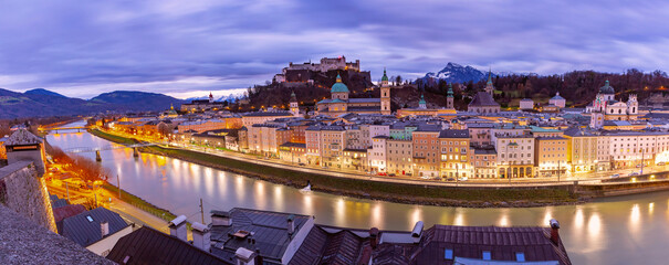 Wall Mural - Panoramic view of Salzburg old town and Hohensalzburg Fortress at twilight, Austria