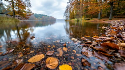 Wall Mural - A lake with reflection of trees and leaves on the water