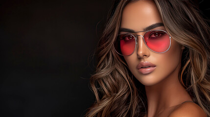 Wall Mural - Woman Wearing Red Sunglasses Against a Black Background