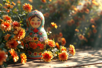 A Traditional Russian Nesting Doll Surrounded by Autumn Flowers