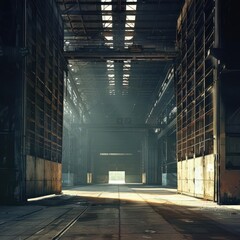 Wall Mural - massive industrial warehouse with towering metal walls wideopen entrance reveals a cavernous interior bathed in dramatic light and shadow suggesting mystery and potential