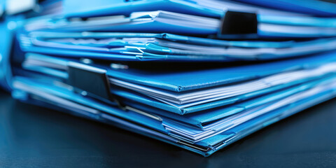 Closeup of document folders, background with copy space. Document management, accounting, office backdrop.