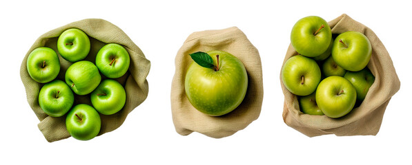 Wall Mural - Green apples top view in burlap bags over isolated transparent background