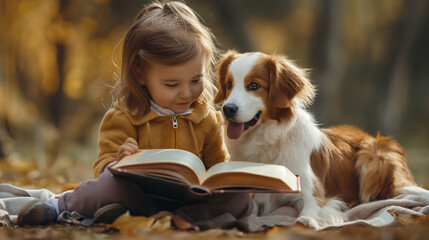 Little girl reading book with dog, autumn park setting, cozy and warm moment, friendship and bonding, childhood innocence and pets concept