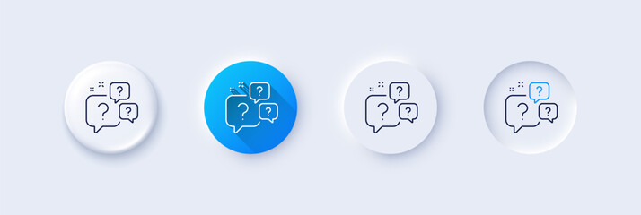 Sticker - Question bubbles line icon. Neumorphic, Blue gradient, 3d pin buttons. Ask help sign. Faq questionnaire symbol. Line icons. Neumorphic buttons with outline signs. Vector