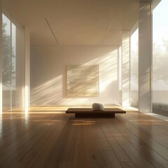 Wall Mural - minimalist room interior bathed in ethereal light from expansive windows clean lines and warm wooden floors create a serene contemplative space perfect for presentations