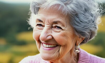 Wall Mural - Happy senior woman with gray hair smiling at camera in pink sweater