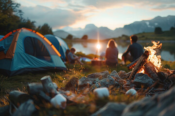 family camping trip: close up of a family on a camping trip, setting up tents, roasting marshmallows