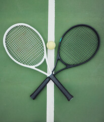 Poster - Above, ball and racket on tennis court for sport, competition and contrast for versus. Game equipment, endurance and asphalt ground in stadium for tournament, physical activity and action in England