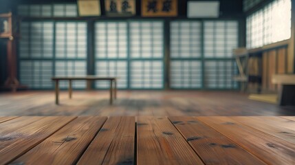 Wall Mural - close up of empty wooden table with blurred judo or karate dojo school background