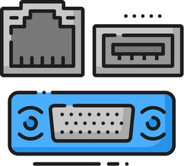 Poster - Computer interface ports software color line icon. Computer system hardware driver, web network data or software linear vector symbol with PC LAN, USB and VGA cables connection ports
