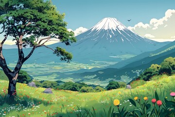 Wall Mural - Anime style mountains with gradient colorful flower field landscape landscape, spring meadow with flowers and tree blossom with sky in nature background