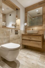 Wall Mural - Bathroom interior with wooden walls and tiled floor. Nobody inside