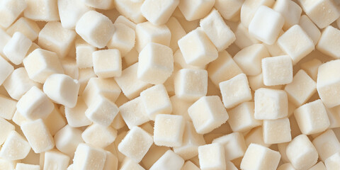 A cute and dreamy, aesthetic background of close-up of soft cube shaped soft ivory marshmallows, each piece showcasing its fluffy and powderly texture and light sugar coating